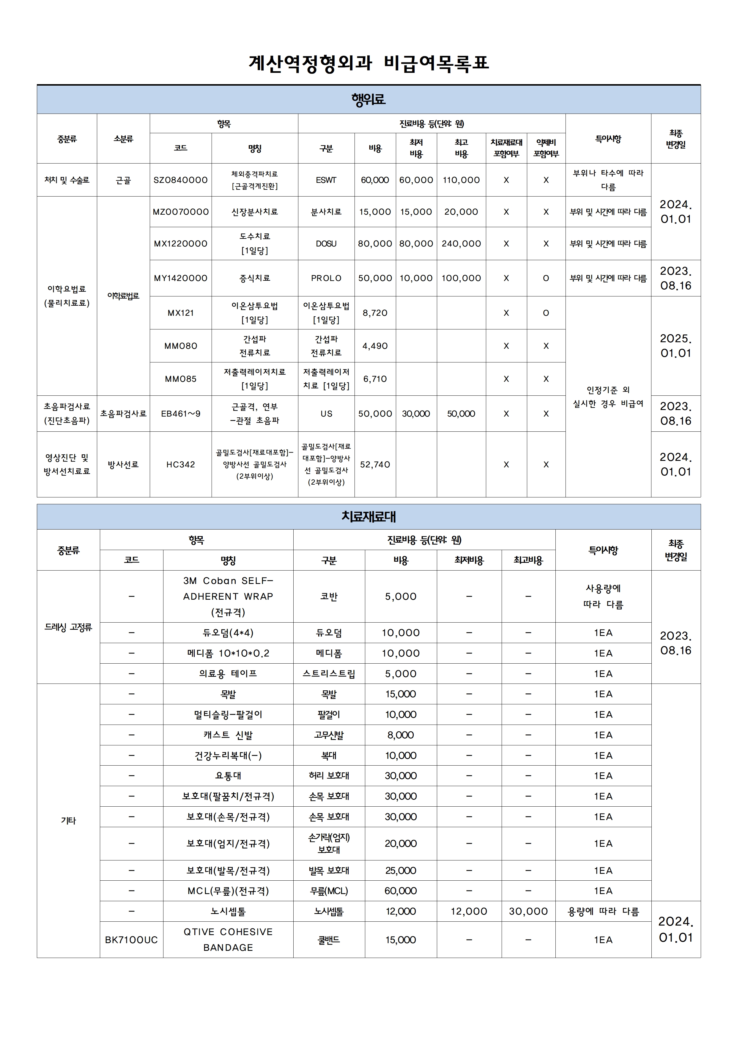 계산역정형외과 비급여 진료비 안내 1