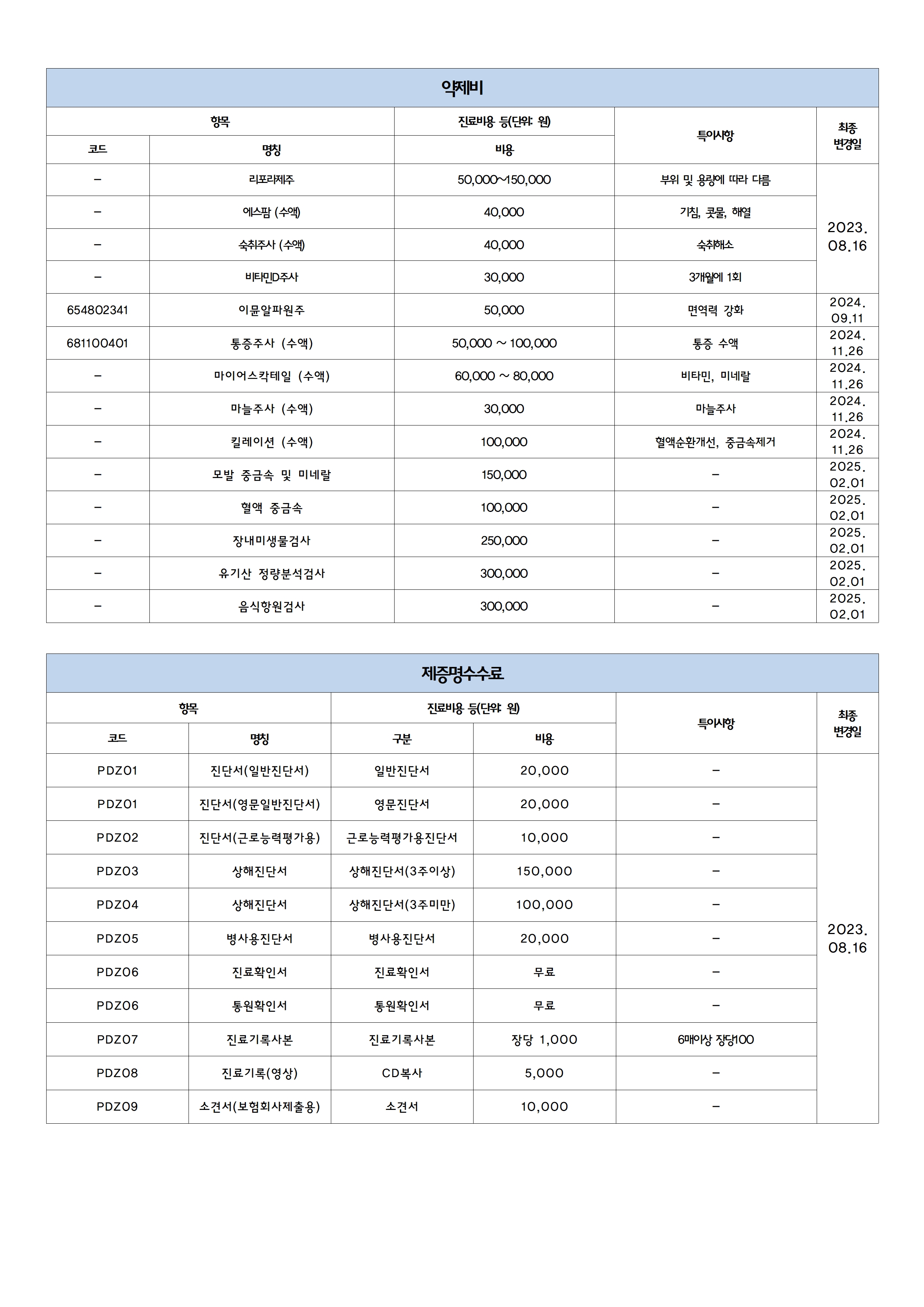 계산역정형외과 비급여 진료비 안내 2