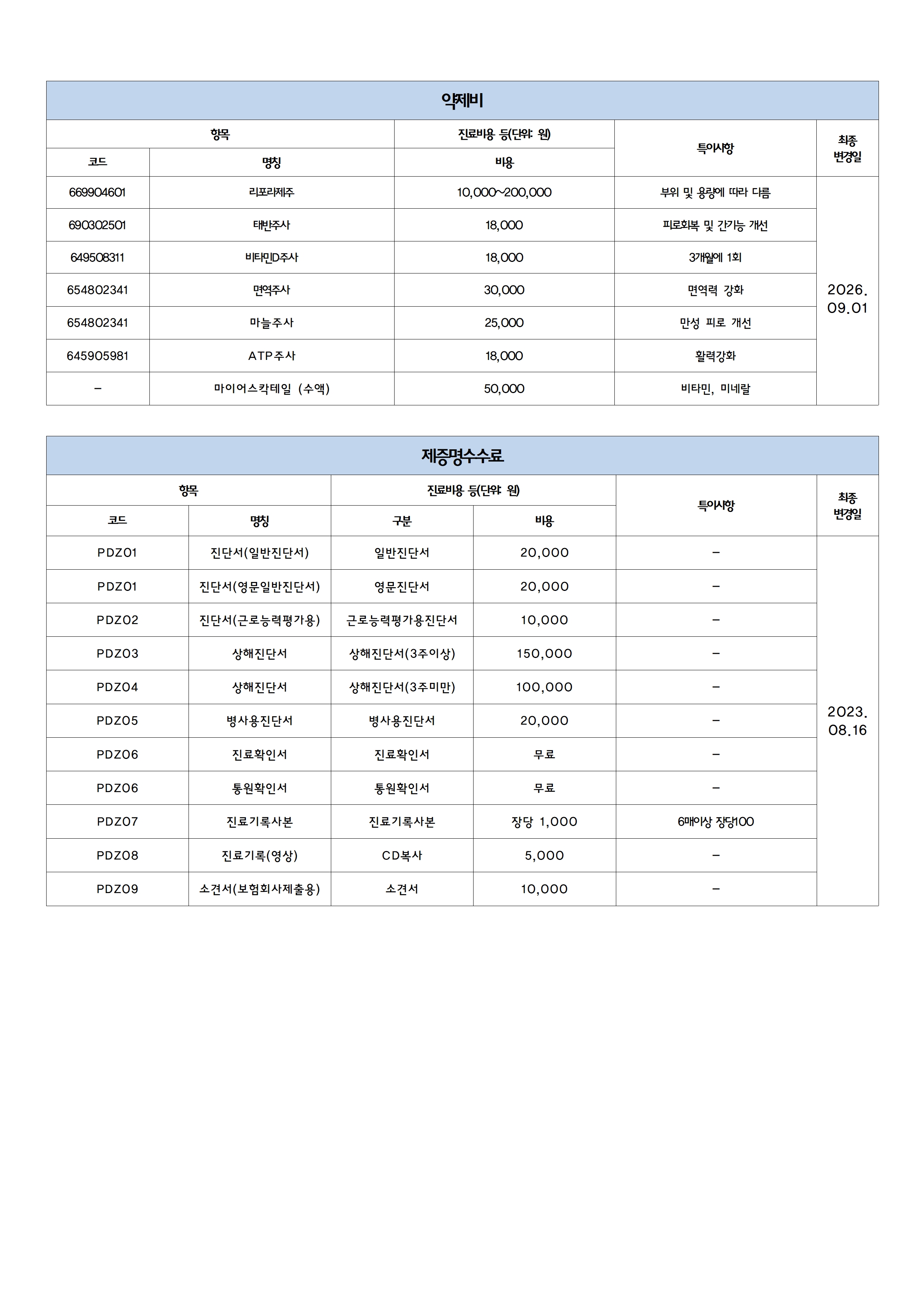 계산역정형외과 비급여 진료비 안내 2